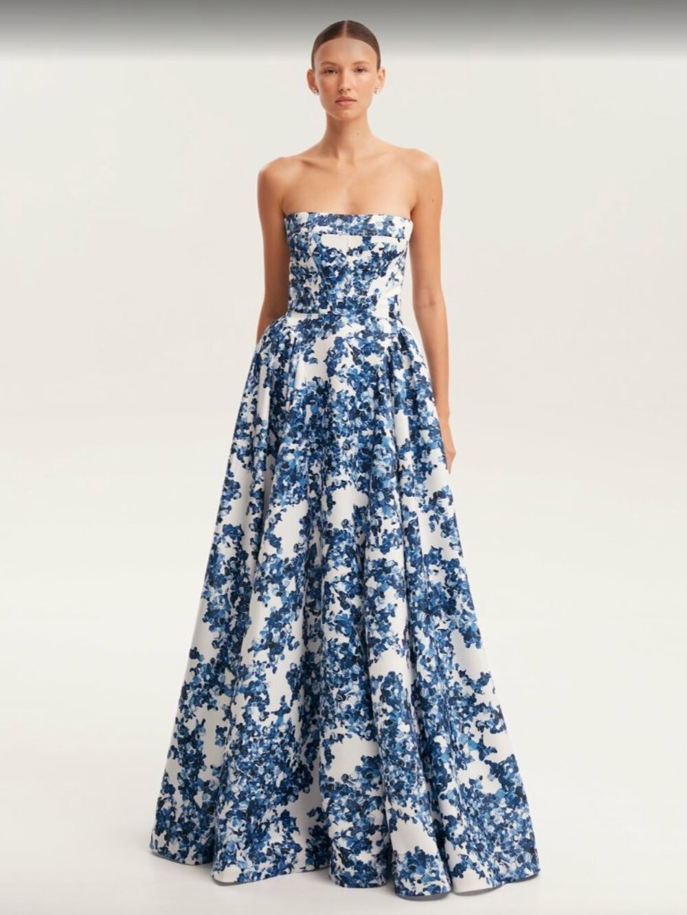 Milla Blue Floral Print Strapless Maxi Evening Gown with Corset Bodice